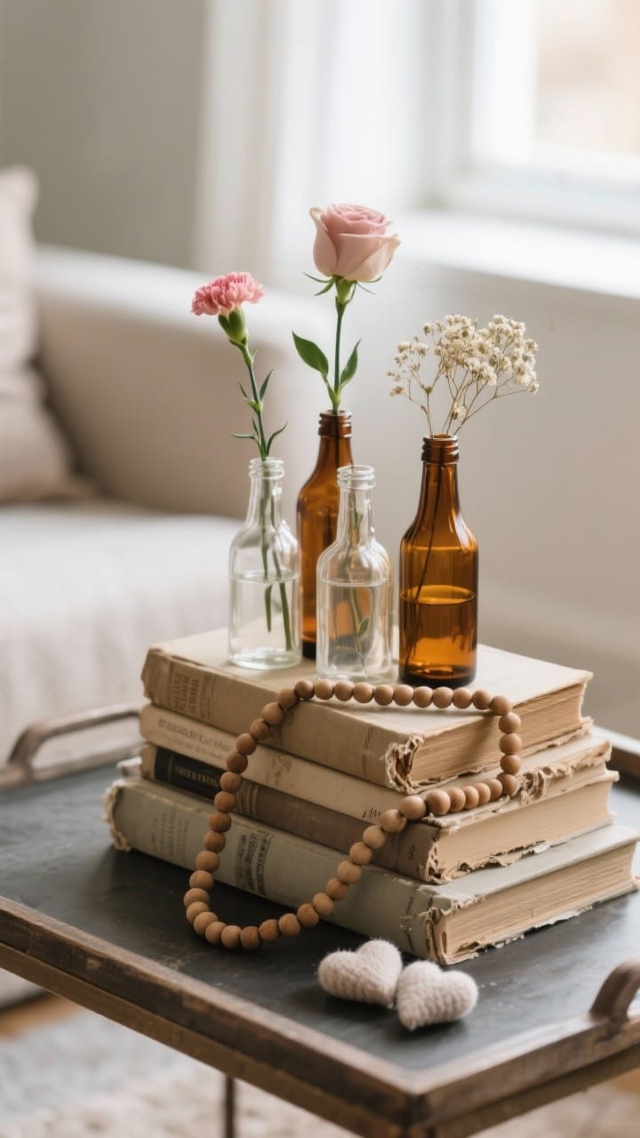Photorealistic closeup/detail vignette on a coffee table tray: stacked faded hardcover books with torn deckled edges and neutral spines, a cluster of amber and clear vintage bottles in varied heights each holding a single stem (carnation, rose, dried baby’s breath), finished with a wood bead garland and a couple of mini wool hearts; muted palette, cozy textures, shallow depth of field, soft window light, no people.