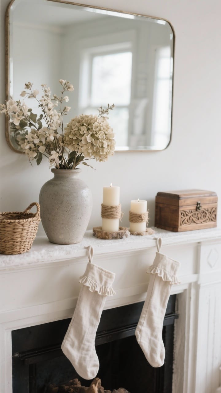 Photorealistic closeup, elevated cottagecore: stoneware vase with dried hydrangeas, lunaria, or bleached ruscus centered on the mantel. Twine-wrapped candles, a small woven basket, and a carved wood box arranged nearby. Linen stockings with micro-ruffles hang softly. A sleek mirror edge appears at the top to add polish. Muted winter palette, gentle daylight.