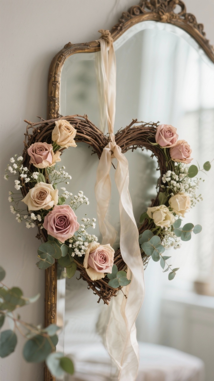 Photorealistic closeup of a grown-up floral heart wreath: grapevine base shaped into a heart, adorned with dried roses, baby’s breath, and eucalyptus in muted blush, cream, and soft green; a silk ribbon trailing in a long, dreamy tail; styled hanging on an antique mirror; soft daylight and gentle shadows; straight-on framing to emphasize shape and delicate textures.