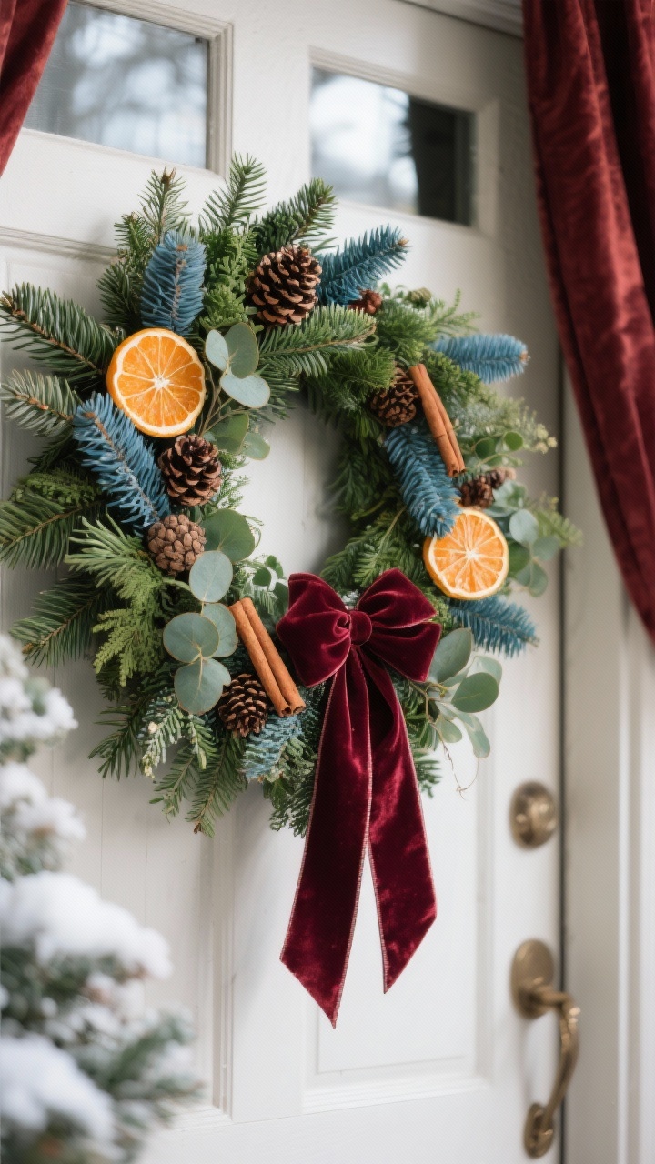 Photorealistic closeup of a luxe evergreen wreath on a front door, showing layered textures: cedar fronds, pine, fir, eucalyptus sprigs, and touches of blue spruce. Accents include dried orange slices, pinecones, and a few cinnamon sticks. A rich velvet ribbon in oxblood drapes with a long tail. Soft winter daylight; shallow depth of field to highlight the greenery textures. No people, straight-on view. Optionally depict UV-resistant faux greenery realism.