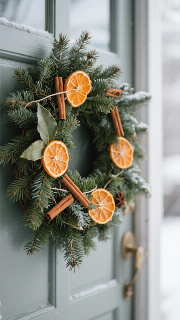 Photorealistic closeup of an evergreen winter wreath on a front door, featuring a fluffy mix of drapey cedar and fir with dried orange slices wired securely so they don’t spin, plus cinnamon sticks and bay leaves; deep green foliage contrasted with juicy orange translucency; soft overcast daylight for a gentle glow; detail focus on textures of needles, citrus, and spice; straight-on view