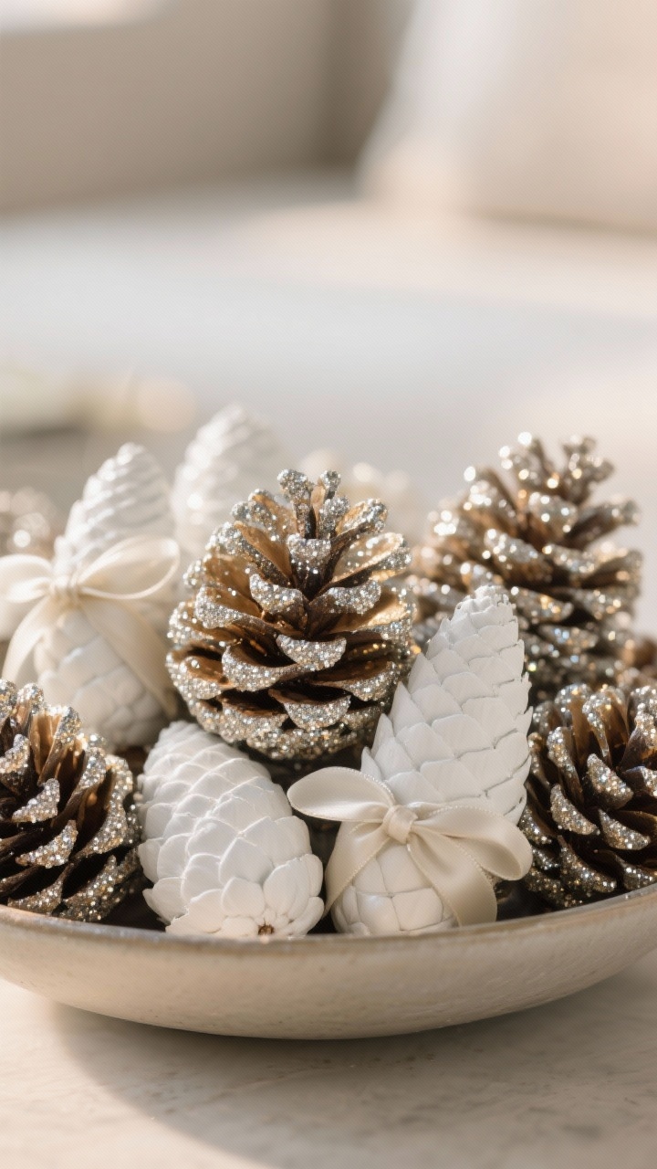 Photorealistic closeup of glitter-dipped pinecones: clean, fully opened cones with tips brushed in fine champagne and silver glitter (no primary colors), a few matte-white painted cones mixed in for contrast; some tied with thin satin ribbon and others piled in a shallow bowl; warm ambient light catching subtle sparkle, modern calm aesthetic