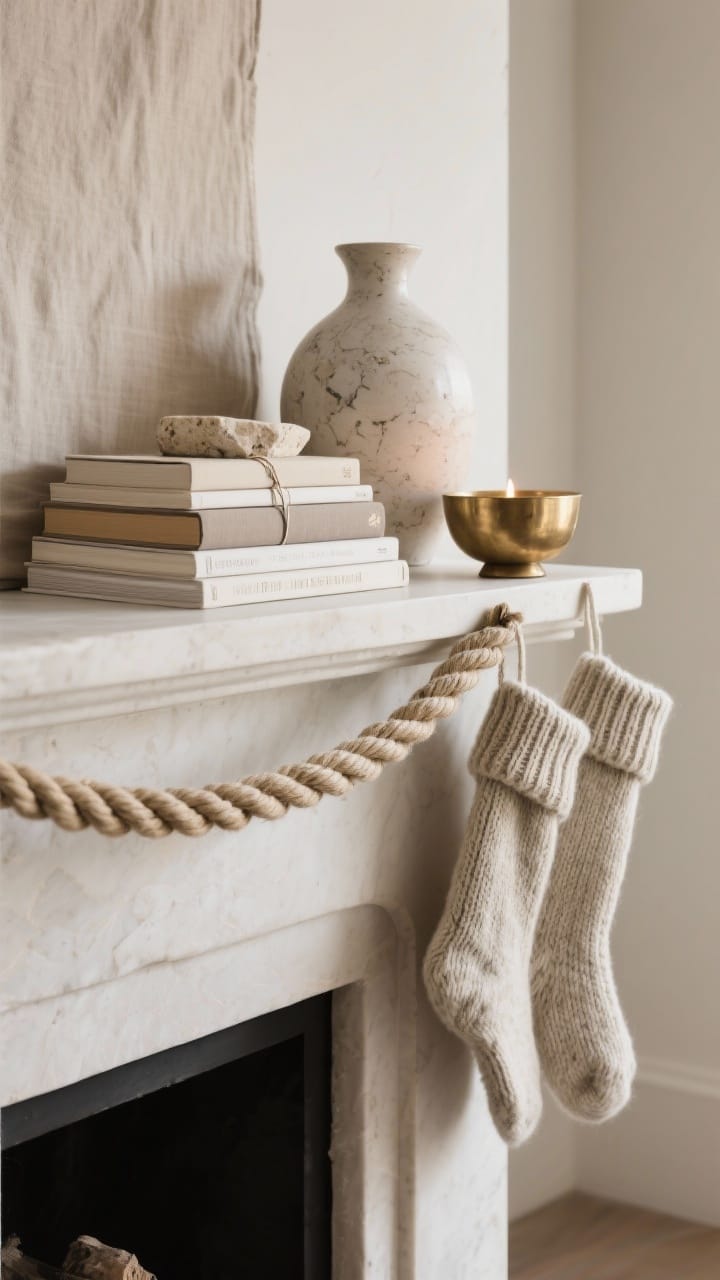 Photorealistic closeup of neutral textures layered on a mantel: linen-wrapped books stacked with a ceramic vase and a small travertine or marble object. Wool stockings hanging, a knit garland draped, and a braided rope detail. One metallic moment in brushed brass (small bowl or candleholder). Palette: sand, ivory, taupe, greige. Soft natural side lighting emphasizing texture.