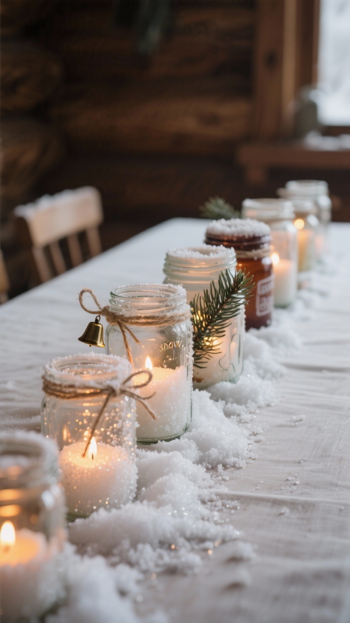 Photorealistic closeup of staggered snowy candle jars: assorted recycled glass mason and jam jars with lower halves coated in Epsom-salt “snow,” necks tied with twine and thin ribbon, some tucked with a pine sprig or a tiny bell; warm LED tea lights glowing inside; arranged in a gentle line on a dining table, shallow depth of field, cozy cabin mood, sugar-like sparkle detail visible