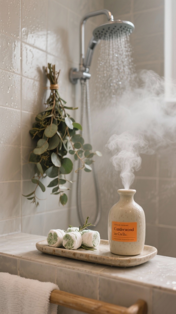 Photorealistic closeup of steamy scents in action: eucalyptus shower steamers on a ledge releasing vapor, a ceramic diffuser bottle labeled with a cedarwood-orange-clove blend on a small tray, and a fresh eucalyptus bundle hung behind the showerhead; moist, foggy atmosphere with subtle condensation, neutral tile background.