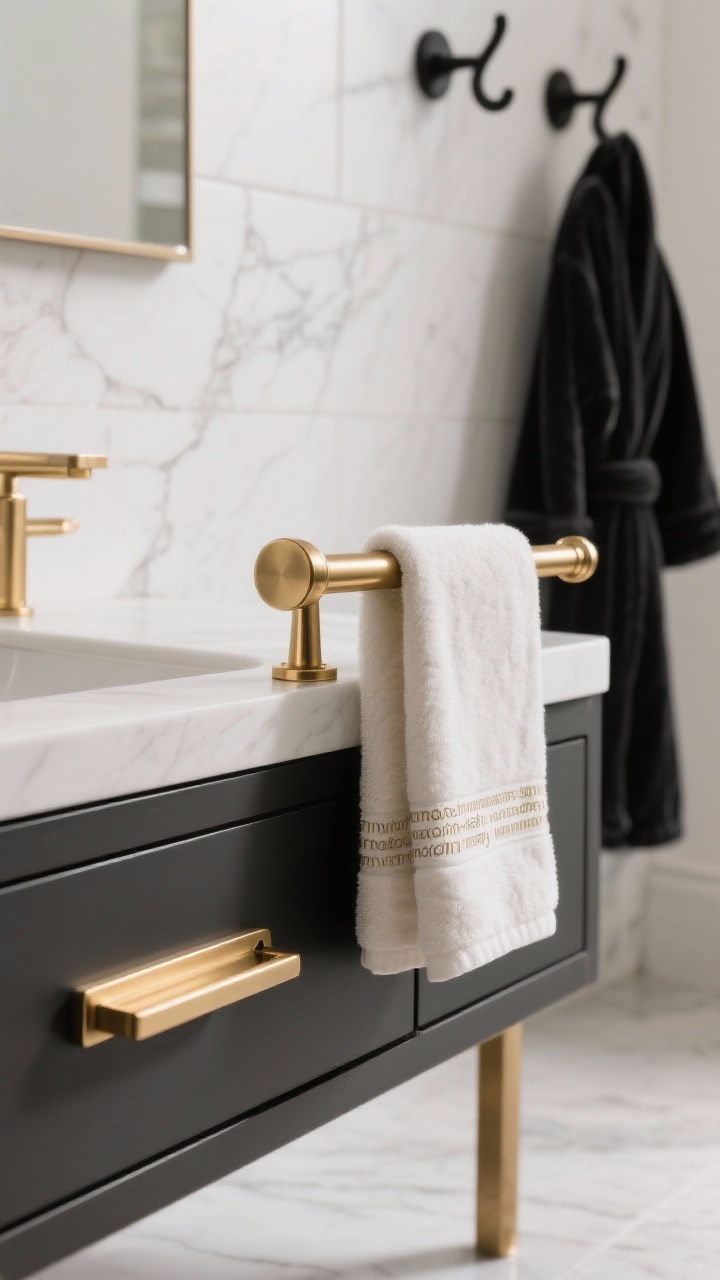Photorealistic closeup of upgraded hardware with warmer finishes: a vanity drawer pull in brushed gold beside a satin brass towel bar, matte black robe hooks visible in the background; “match-ish, not matchy” mix of brushed and satin textures; optional heated towel bar in brushed gold with a neatly draped towel; clean white and stone surroundings.