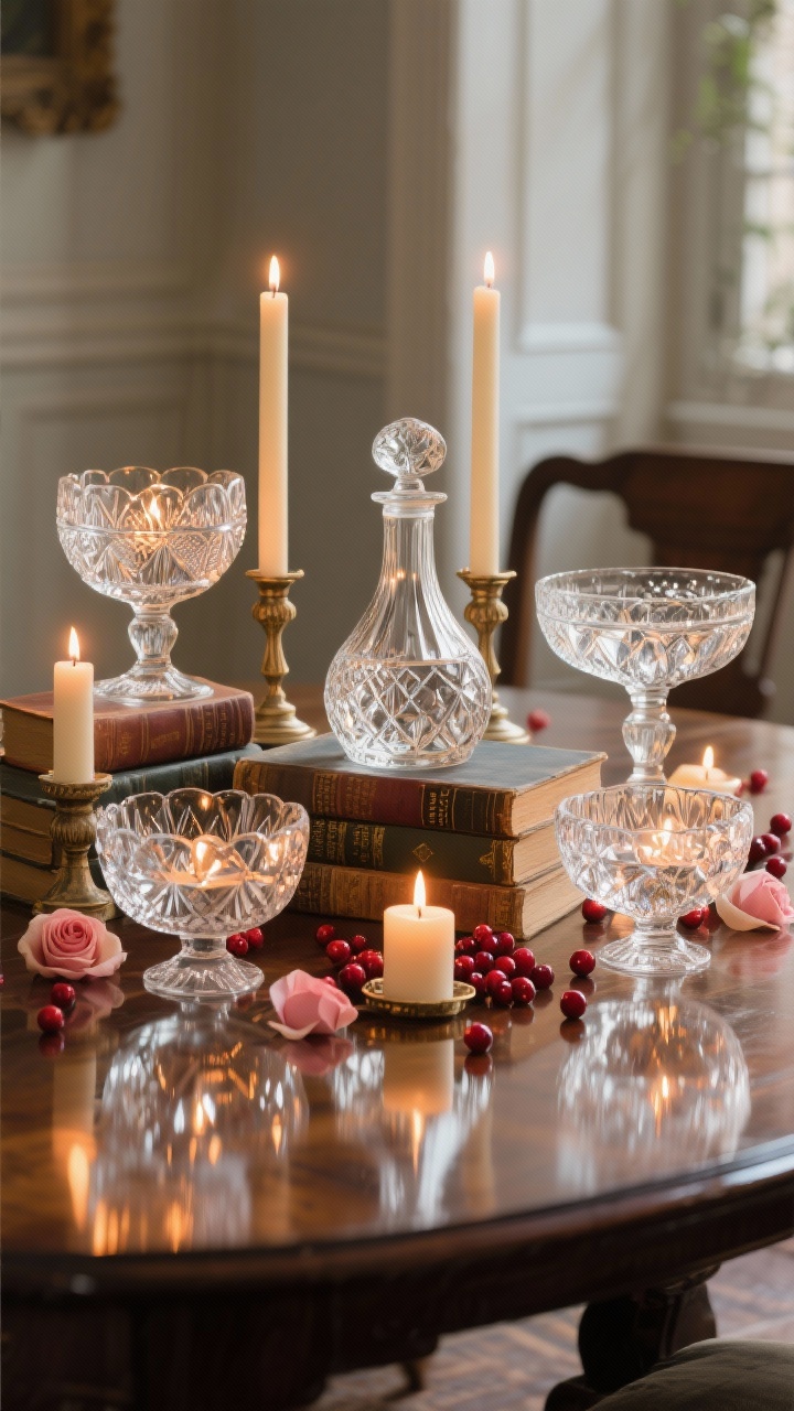 Photorealistic detail centerpiece on a dining table: an odd-number grouping (five) of vintage cut-glass pieces—bowls, a decanter, and a compote—arranged at varied heights using stacked antique books and small pedestals; slender unscented taper candles burning among the glass; a handful of rose petals and cranberries glinting inside bowls; warm candlelit shimmer emphasizing cut-glass facets; closeup, low angle to catch reflections.