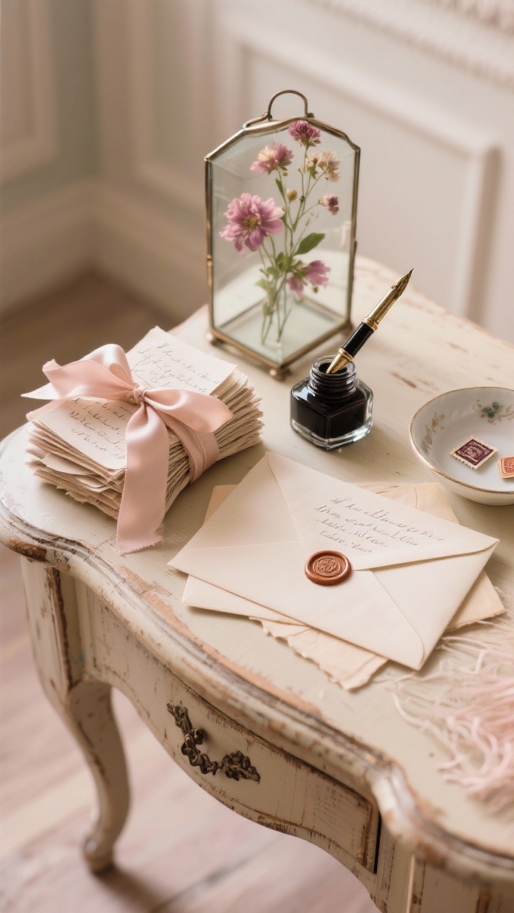 Photorealistic detail shot of a love letter vignette on a small antique writing desk: bundles of handwritten letters tied with soft silk ribbon, a vintage inkwell and nib pen, pressed flowers under glass and peeking from envelopes, and a delicate porcelain dish holding sealing wax and tiny stamps; blush and cream tones with worn wood texture; gentle morning light grazing the paper fibers; closeup from a diagonal top-down perspective.