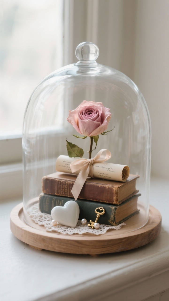 Photorealistic detail shot of a sentimental cloche display: clear glass cloche on a simple round wood base; inside, a single preserved blush rose atop a small stack of antique books, with a rolled love letter tied in silk ribbon and a delicate brass key; a porcelain heart resting on a scrap of lace with a few pearls; minimal arrangement with breathing room; soft window light; closeup, straight-on eye level.