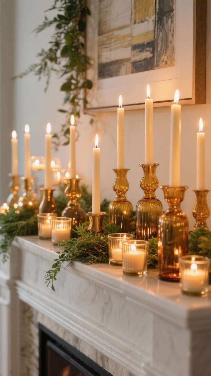 Photorealistic detail shot of candle-focused styling on a mantel: clusters of lit tapers, pillars, and low glass votives mixed in 3s and 5s, repeated across the surface. Keep flames 6 inches from greenery and art; include LED tapers near low-hanging foliage to imply safety. Soft golden candlelight, reflective highlights on glass, cohesive single-scent vibe suggested by amber-toned vessels.