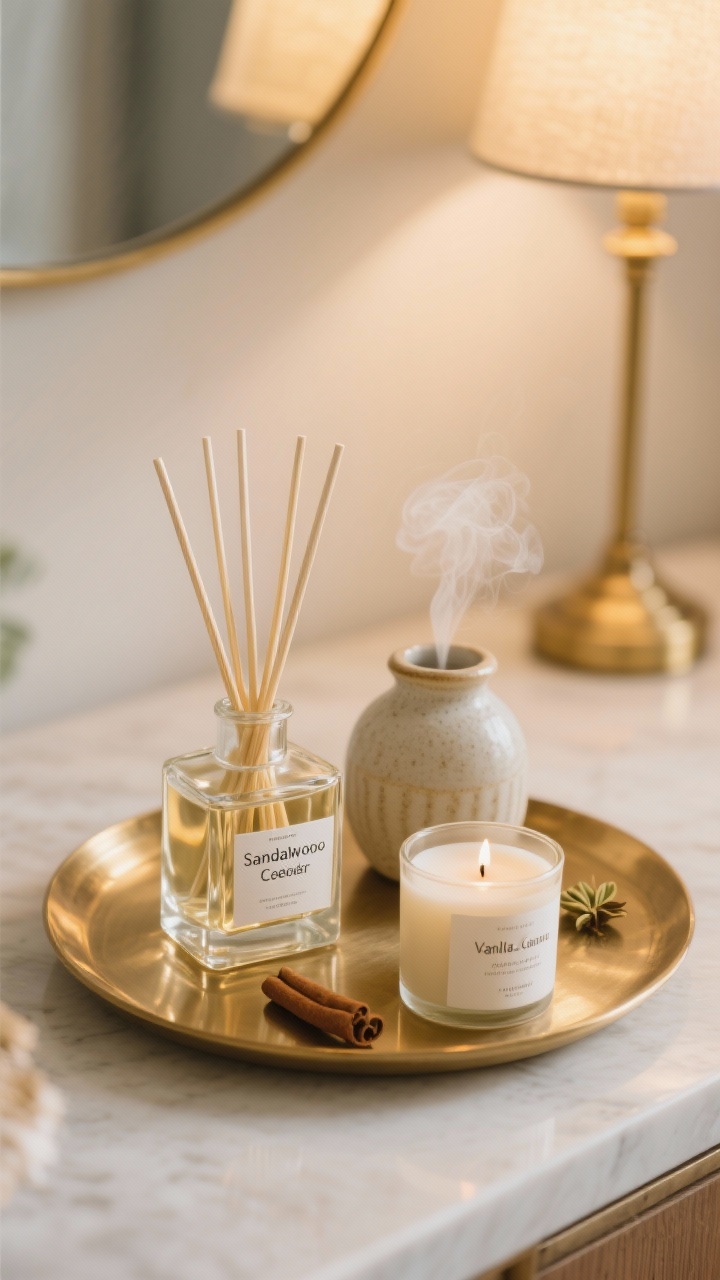 Photorealistic detail shot of scent elements in an entry: a clear glass reed diffuser labeled sandalwood and cedar on a brass tray, a ceramic essential oil diffuser beside it emitting a faint mist, and a lidded candle in vanilla-cardamom ready for weekend use; no cinnamon in sight; soft golden lamp light reflecting on the tray, shallow depth of field from a close, angled perspective