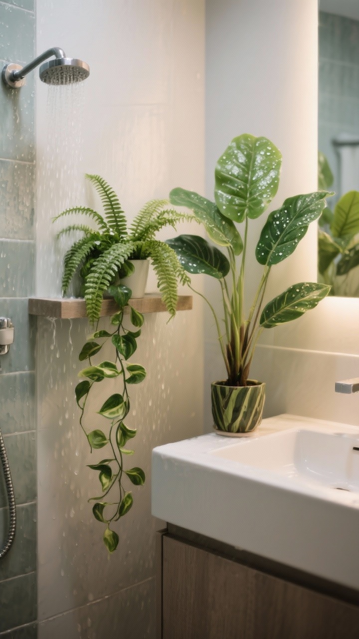 Photorealistic detail shot of spa-worthy greenery thriving in humidity: a small fern and trailing pothos on a shower shelf with gentle condensation, a ZZ plant on the vanity corner; soft, diffused bathroom light, dewy leaves, optional high-quality faux plant subtly included for low-light area.
