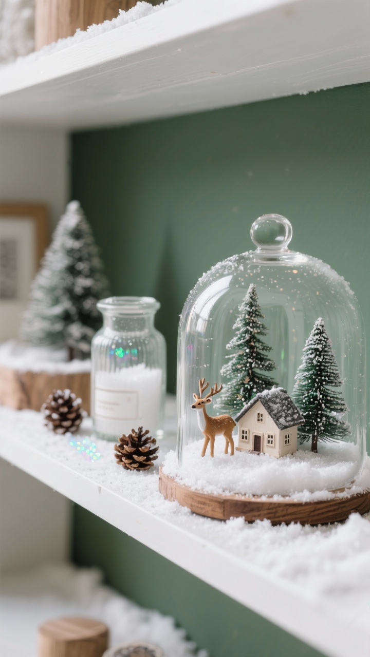 Photorealistic detail shot of winter terrariums on a shelf: a glass cloche and an apothecary jar with a thin base of faux snow (or kosher salt), miniature bottlebrush trees, a tiny house and deer figurine partially buried for realism, a few small pinecones and a whisper of iridescent glitter; palette of white, wood accents, and forest green; soft side lighting creating gentle snow-globe vibes without mess