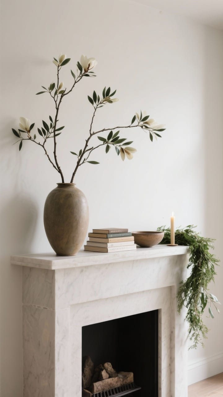 Photorealistic medium, asymmetrical mantel styling: on the left, a large vase with tall branches (olive or magnolia) adding height; on the right, two to three low objects—stacked books, a shallow bowl, and a single candle. Greenery garland draping naturally off one side for movement. Soft, balanced lighting; modern, effortless feel with visible negative space.