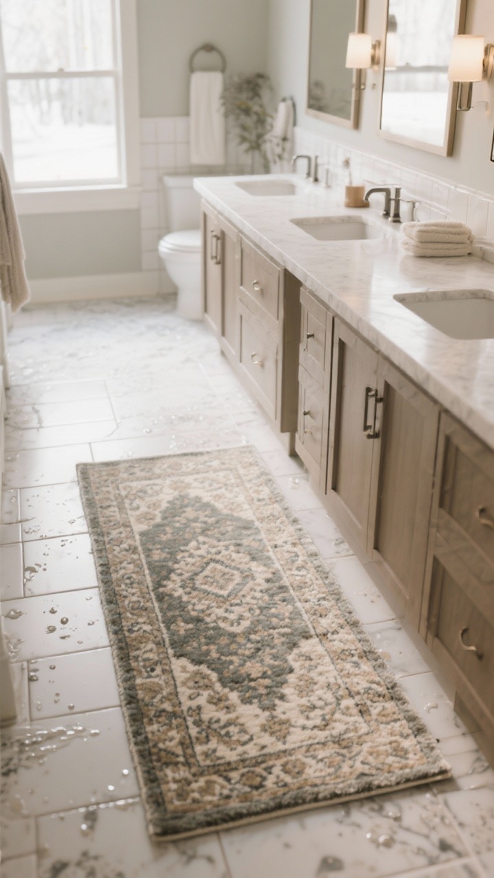 Photorealistic medium shot along a long vanity showcasing a bathroom-safe rug: a low-pile, machine-washable runner in a muted Persian-style pattern that hides water spots, placed in front of the vanity; soft winter light, subtle splashes on nearby tile, cozy but practical vibe.