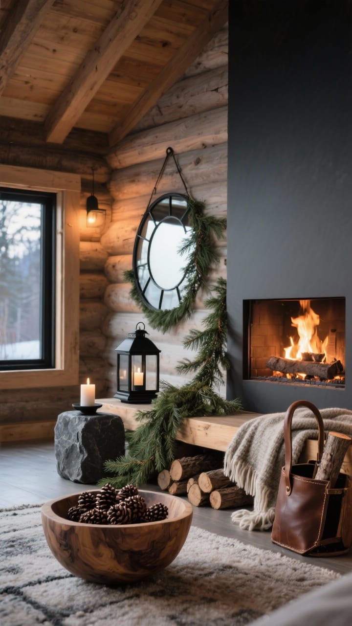 Photorealistic medium shot, cozy cabin with a modern edge: cedar garland draped low and asymmetrically for movement. Chunky wood bowl filled with pinecones beside a black stone candle holder. A matte black lantern and an iron frame mirror to sharpen the look. Include a wool throw over a hearth bench and a leather log carrier on the side. Warm, fireside evening lighting, rustic-meets-streamlined.
