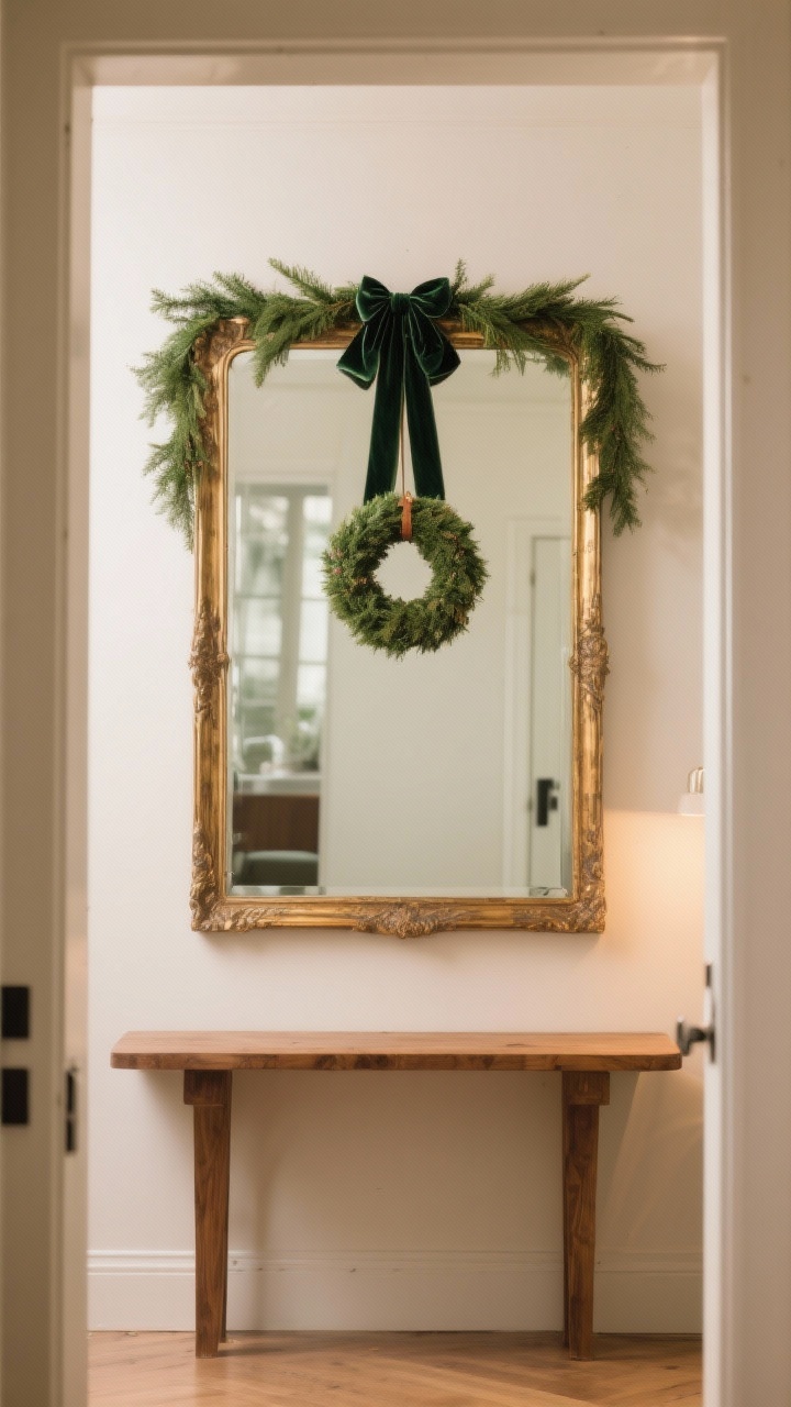 Photorealistic medium shot focused on a seasonal statement mirror in an entry: an oversized mirror with an antique brass frame reflecting soft light, a simple green garland draped over the top, and a small wreath hung from a velvet ribbon centered on the glass; surrounding elements minimal to emphasize the mirror, warm wood console below, soft warm lighting, straight-on symmetrical composition