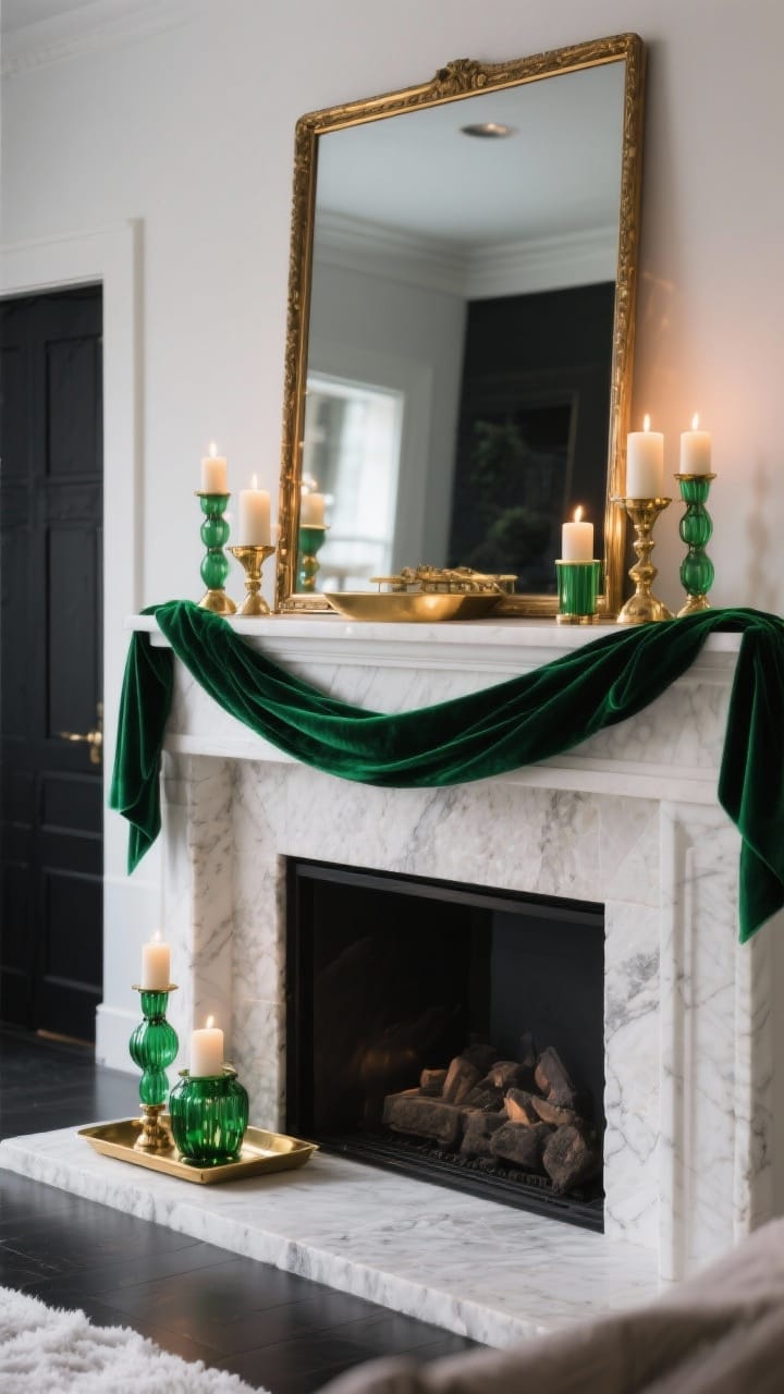 Photorealistic medium shot highlighting a winter color pop: otherwise neutral mantel with one bold scheme—example: emerald + brass. Emerald velvet ribbon draped, green glass candle holders with lit candles, warm brass accents in a small tray and mirror frame. Everything else restrained: soft whites, stone, and matte black. Clean composition, evening glow with controlled reflections.