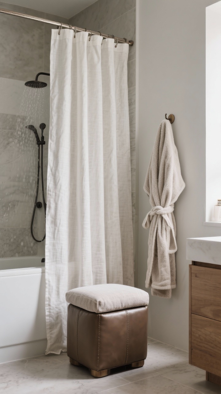 Photorealistic medium shot highlighting soft textiles beyond towels: a wipeable faux-leather stool with fabric-topped bench outside splash zones, a linen-blend shower curtain with a fresh liner hanging smoothly, and a plush robe on a hook by the shower; cozy winter palette, tactile softness emphasized.