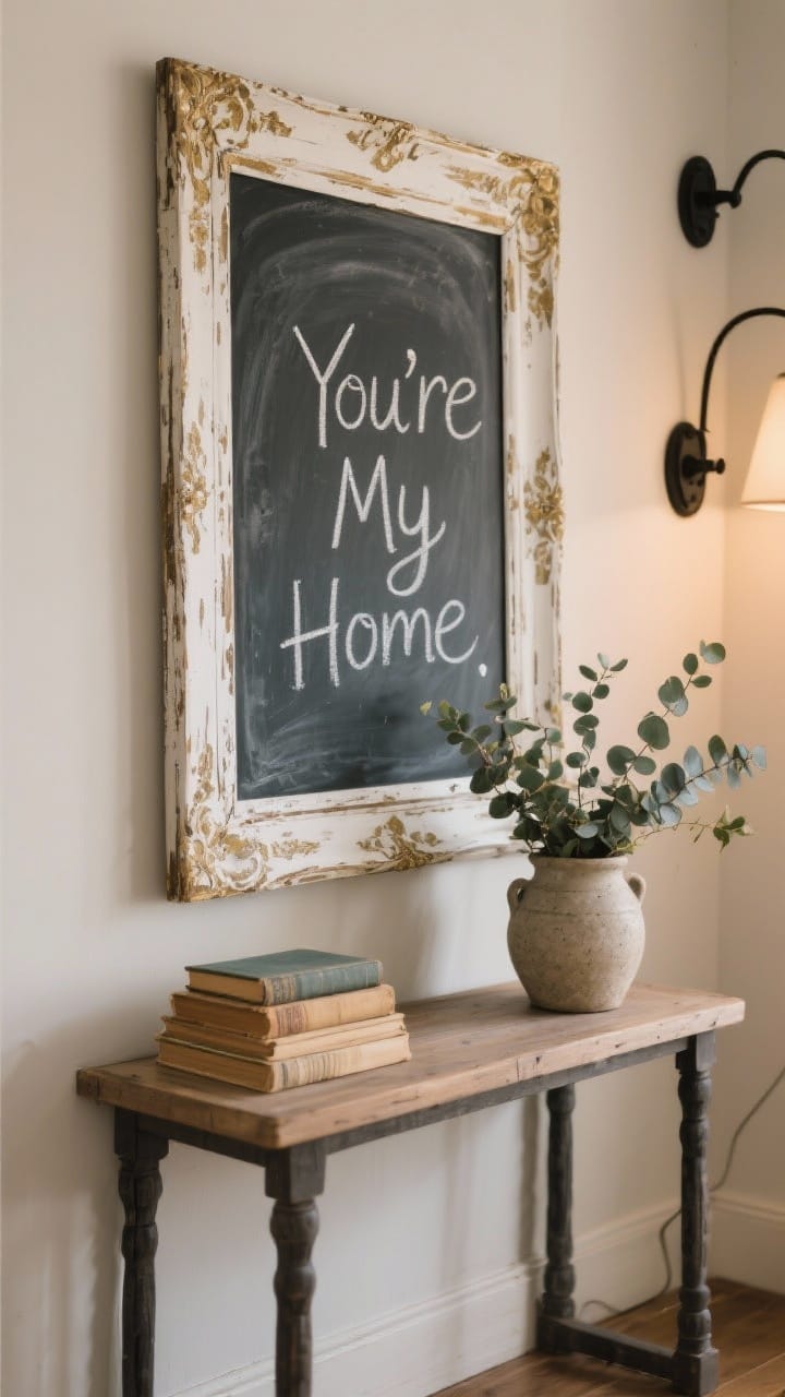 Photorealistic medium shot of a console table vignette: a chalkboard set into a thrifted ornate frame (distressed white or antique gold), handwritten chalk marker message “You’re My Home” with slightly smudged edges for a lived-in look; styled with a small stack of faded books and a stoneware crock filled with eucalyptus; matte black hardware accents visible nearby; warm indoor lighting, simple farmhouse charm, no people.