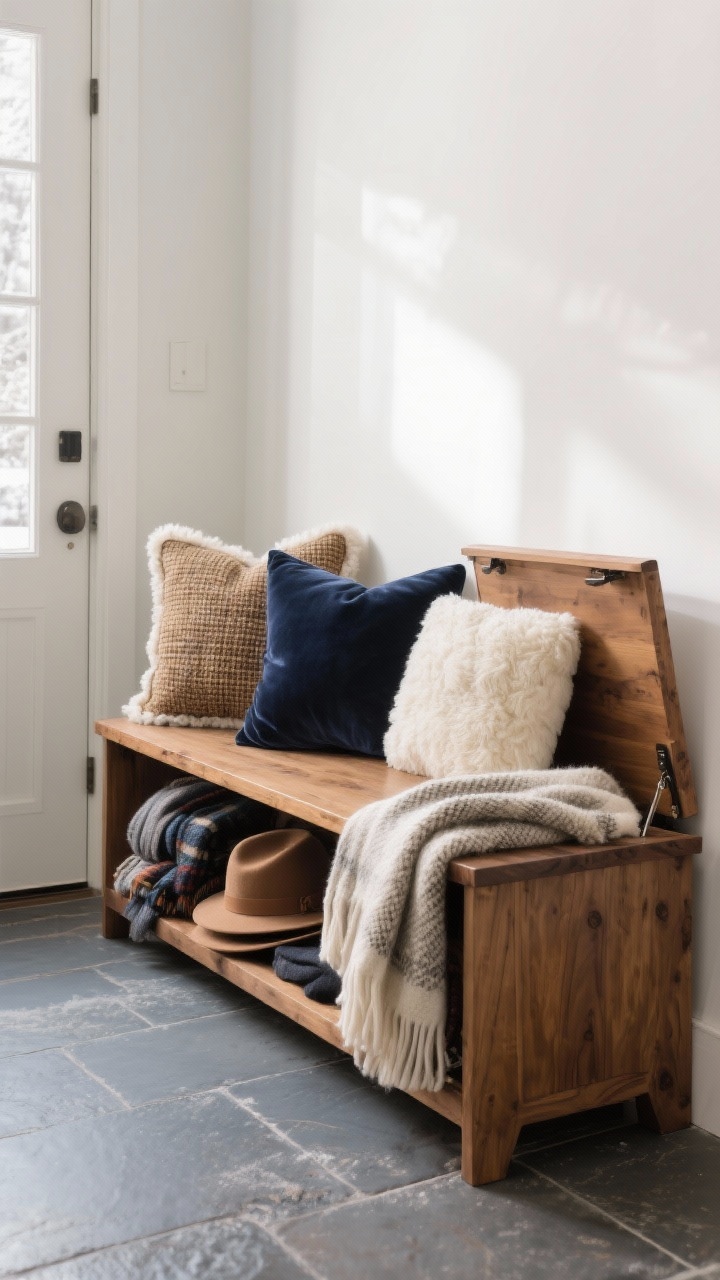Photorealistic medium shot of a cozy entry bench vignette: a sturdy wood bench with a lift-top storage feature slightly open revealing hats and scarves, winter-ready cushions in tweed, faux shearling, and performance velvet (camel, deep navy, and cream), a small wool throw draped casually across the bench; clean walls and slate floor, soft afternoon winter light, three-quarter angle highlighting comfort and durability
