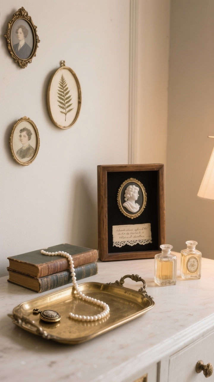 Photorealistic medium shot of a curated heirloom display: a small brass tray holding a locket draped over antique books, a strand of pearls, and two vintage perfume bottles; beside it, a shadow box with a cameo, lace swatch, and a handwritten quote; tiny oval frames with miniature portrait illustrations and a pressed fern on the wall; intentional minimalism—one tray per surface; soft neutral backdrop; side angle with warm ambient light.
