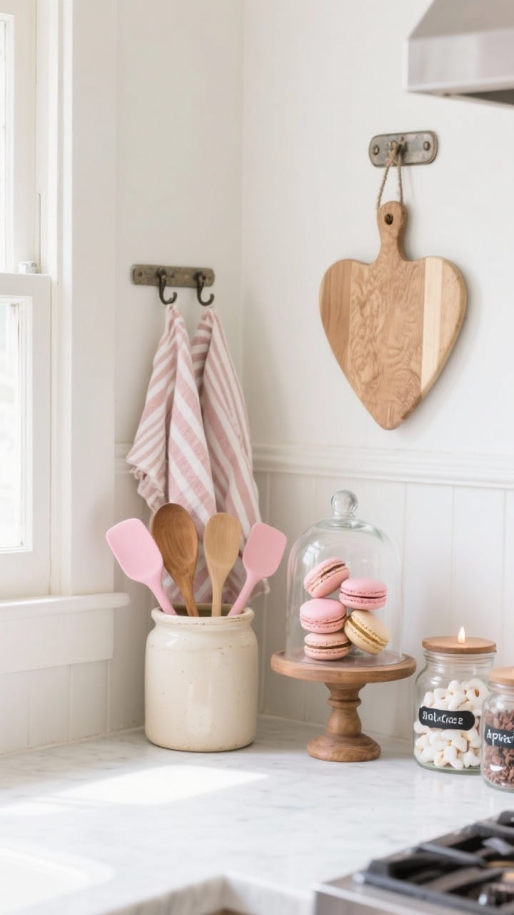 Photorealistic medium shot of a farmhouse kitchen corner styled functionally: ticking stripe and blush linen tea towels on a hook, a cream stoneware crock filled with wooden spoons and a few pink silicone spatulas, a small wood pedestal with a glass cloche covering stacked pastel macarons (or a candle), and labeled apothecary jars for hot cocoa fixings (marshmallows, cocoa, crushed peppermint); a tiny heart-shaped cutting board hanging on a hook; bright, clean natural light, uncluttered counters, no people.