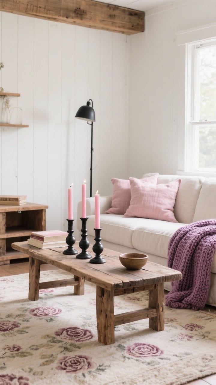 Photorealistic medium shot of a farmhouse living room corner in creamy whites with warm wood tones and matte black accents, styled with blush linen pillow covers on a neutral linen sofa, a mauve knitted throw draped casually, a neutral area rug with a faded rose pattern underfoot, and a trio of matte black candlesticks holding soft pink taper candles on a reclaimed wood coffee table; include subtle berry-toned accents (a small ceramic bowl or book spine) for depth; soft natural afternoon light, calm romantic mood, no people.
