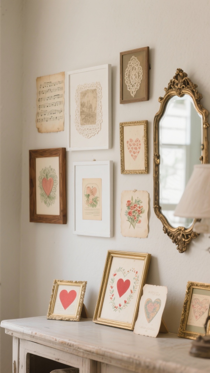 Photorealistic medium shot of a mini gallery wall of framed vintage Valentine cards: mismatched frame finishes in wood, white, and a touch of gold, varied sizes arranged organically above a console; some pieces leaning and layered against a large antique mirror to avoid nails; delicate lace and tea-stained sheet music subtly used as backdrops behind select cards; neutral wall, soft textures, cozy diffused daylight; slight angle from the side for depth.