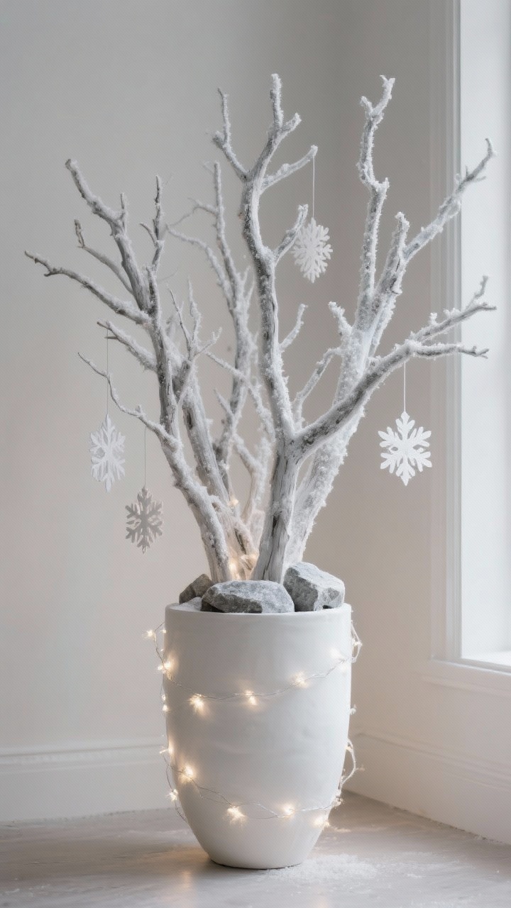 Photorealistic medium shot of a monochrome “frosted branch forest” vignette: matte white and pale gray painted fallen branches clustered in a tall ceramic urn filled with visible rocks for stability, branches misted with clear gloss and dusted with Epsom-salt ice texture, wrapped in warm-white fairy lights with a few hanging paper snowflakes; set against a neutral wall, soft evening ambient glow, clean, sculptural, expensive-looking minimalism