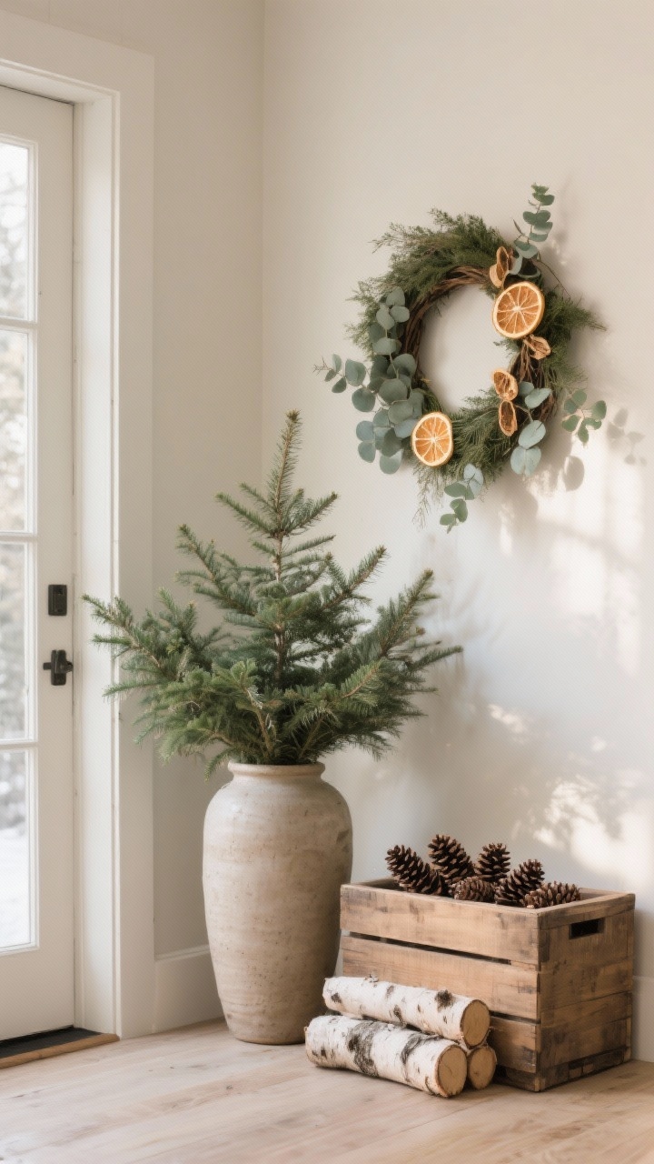 Photorealistic medium shot of a nature-inspired entry display: a tall ceramic vase stuffed with lush evergreen branches, a wooden crate on the floor styled with pinecones and birch logs, and a minimal wreath accented with dried citrus slices and eucalyptus on the wall; rustic textures, muted winter greens with natural wood and creamy walls, gentle morning daylight, corner angle for depth