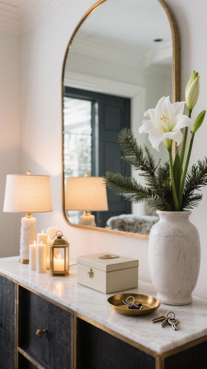 Photorealistic medium shot of a styled console with layers and warmth: a centered mirror as the anchor piece, a tall vase with fresh evergreens and white amaryllis for height, a small table lamp casting a warm pool of light, a candle cluster or lantern with an LED pillar, and a lidded box to contain clutter next to a brass catchall tray for keys; cohesive arrangement, winter palette of creamy whites, charcoal, and brass, three-quarter view