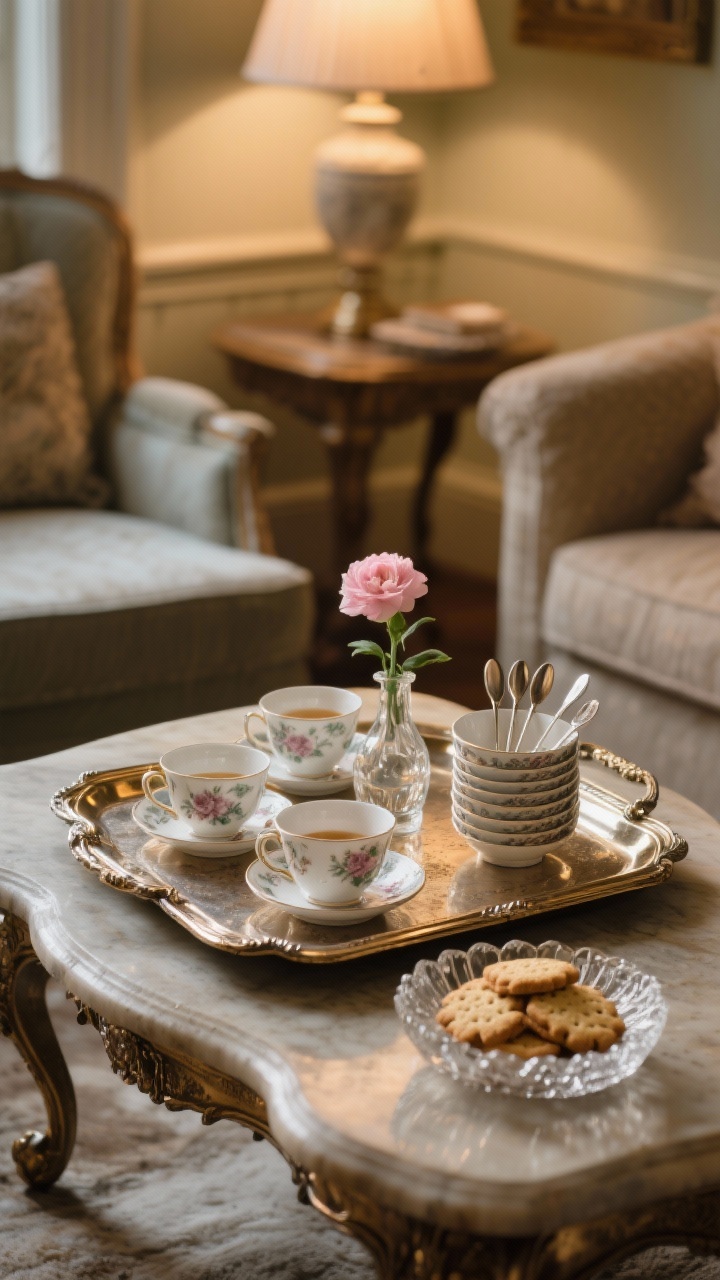 Photorealistic medium shot of a Victorian-inspired tea tray on a coffee table: a tarnished silver/brass tray with luxe patina, neatly arranged china teacups (some stacked), delicate sugar tongs and teaspoons, a tiny bud vase with a single blush bloom, and shortbread cookies in a cut-glass dish; warm, cozy interior light; three-quarter angle highlighting reflective metals and porcelain patterns.
