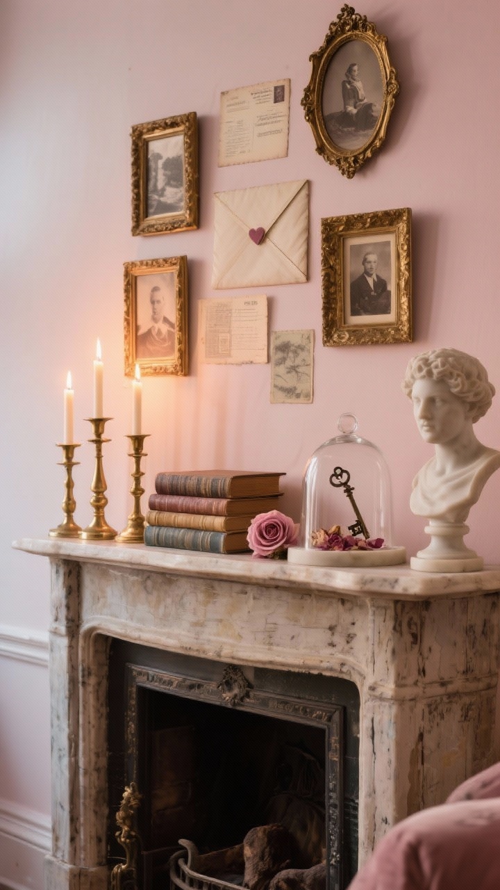 Photorealistic medium shot of a vintage-inspired mantel styled like an old-world love letter: layered gilded frames holding sepia photos and vintage postcards, staggered brass candlesticks with flickering tapers, horizontally stacked antique books adding height, and a small marble bust beside a glass cloche containing a ribbon-tied key and dried rose petals; soft blush, cream, faded gold, and dusty rose palette; negative space maintained; warm evening light glows across worn wood and plaster fireplace surround; straight-on view.