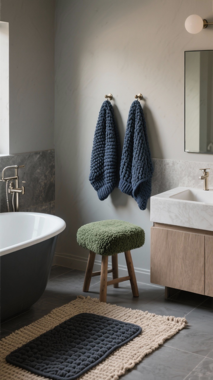 Photorealistic medium shot of a winter-cozy bathroom corner focused on layered textures: a charcoal memory-foam bath mat near a freestanding tub and a woven oat-colored runner by the sink, waffle weave towels in deep navy hanging on a hook, a chunky knit cover on a small stool, plus a bouclé bench cushion in forest green; soft, warm lighting, muted palette of charcoal, oat, forest green, deep navy, emphasizing tactile softness and warmth.