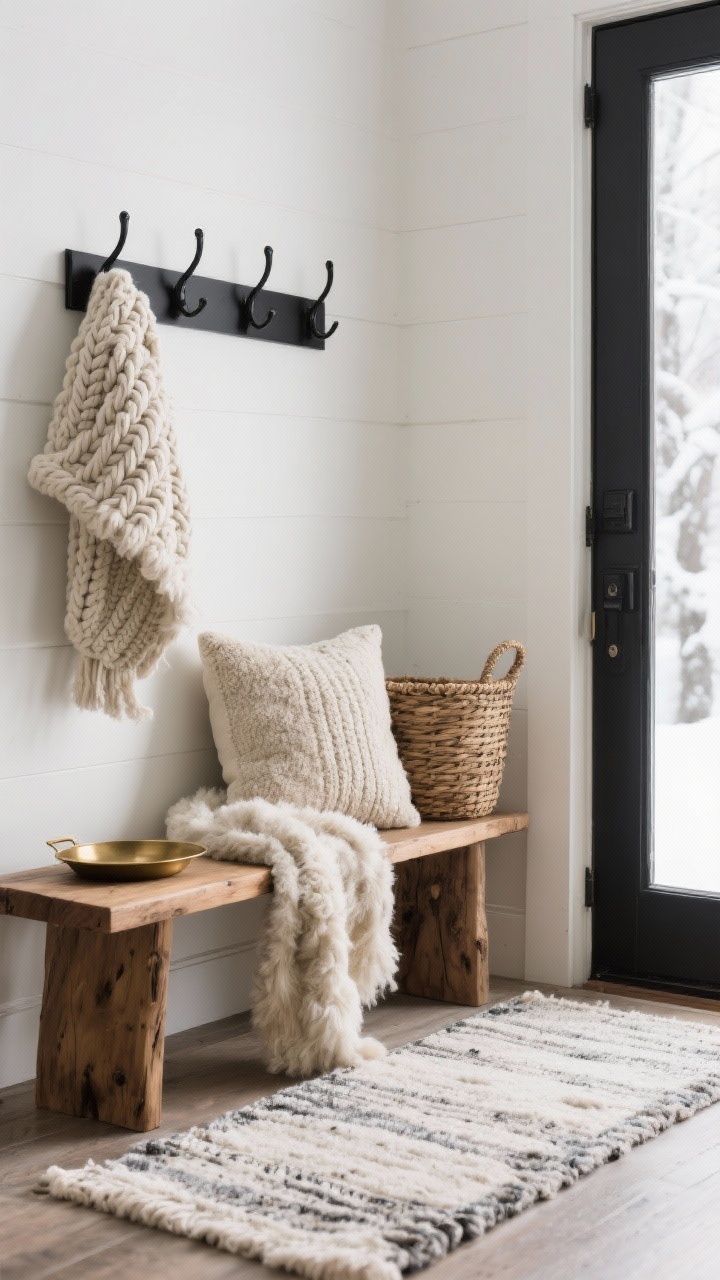 Photorealistic medium shot of a winter entryway corner layered with textures: a low-pile indoor-outdoor rug beneath a soft wool runner, a natural wood bench with a woven basket holding a chunky knit throw, matte black wall hooks above, and a small brass tray on the bench; mix of chunky knits, soft wool, fuzzy shearling pillow, and rustic wood, warm neutral palette with creamy whites and charcoal accents, soft diffused winter daylight from the side, straight-on perspective emphasizing tactile contrast