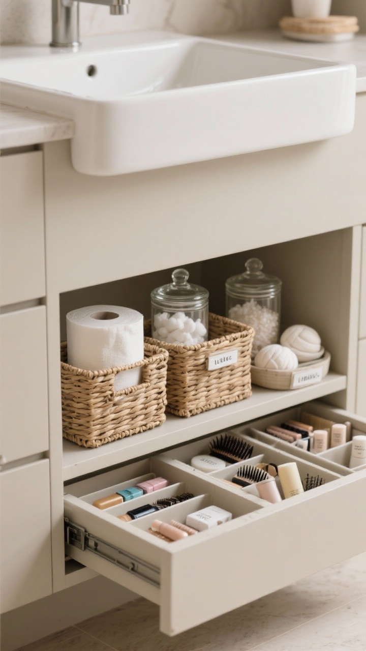 Photorealistic medium shot of calm, concealed storage: under-sink cabinet open to reveal woven baskets holding extra TP and refills, glass canisters with cotton rounds, bath salts, and bath bombs on a shelf, and labeled drawer dividers organizing skincare, hair tools, and travel minis; neutral tones, orderly spa aesthetic.