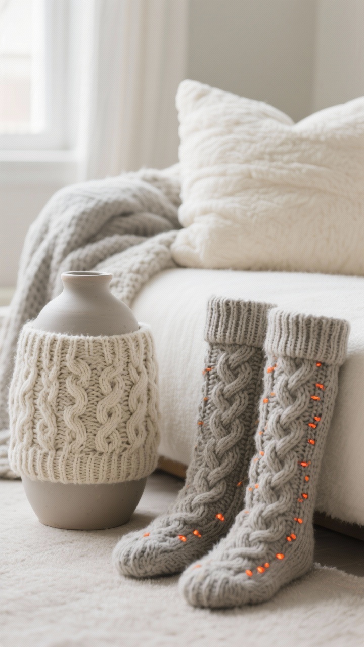 Photorealistic medium shot of knit-inspired textures ensemble: a matte ceramic vase wrapped in an old cable-knit sweater sleeve (secured seamlessly), a plush overstuffed pillow achieved by tucking a chunky knit blanket inside a cover, and a pair of faux knit stockings with hot-glue “cable” patterns painted in knit tones; palette in cream, oatmeal, gray, and winter white; tactile details emphasized with diffuse natural light