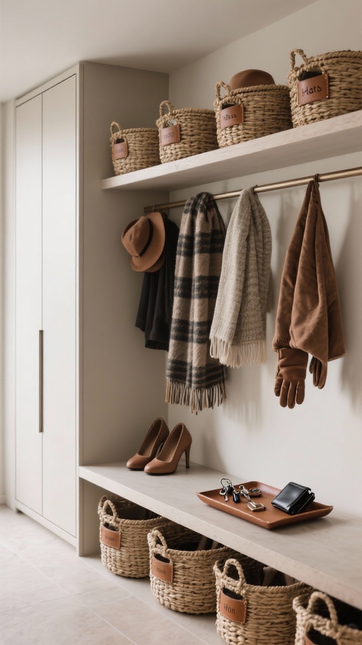 Photorealistic medium shot of stylish storage that blends in: a row of woven baskets with subtle leather labels reading hats, scarves, and gloves on a lower shelf, a slim closed shoe cabinet against the wall with a clean front, and a leather catchall tray on top corralling keys and wallets; uncluttered, functional elegance, neutral tones, soft side lighting, straight-on composition