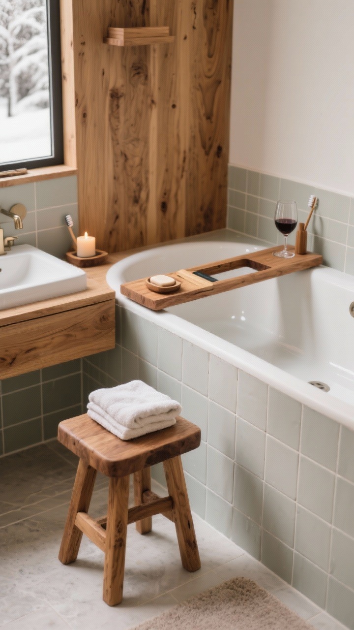 Photorealistic medium shot of warm wood accents against cool tile: a teak stool beside a soaking tub with a folded towel and candle on top, a wooden bath caddy across the tub with a book slot and wine glass notch, plus a wooden soap dish and toothbrush holder by the sink; winter palette, soft warm lighting that highlights wood grain.