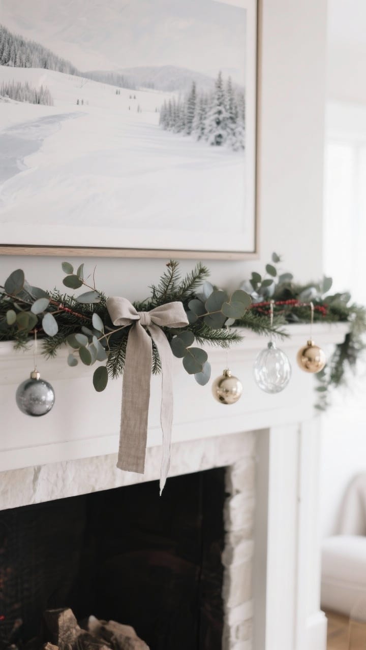 Photorealistic medium shot, subtle holiday without red: eucalyptus and juniper garland tied with a thin linen ribbon in mushroom or slate. A few glass ornaments in smoke, clear, and champagne tones hanging delicately. Art swap above mantel to a snowy landscape or abstract neutrals. Serene, wintery mood with soft daylight and minimal color.