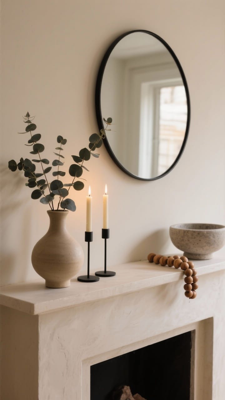 Photorealistic medium shot, warm minimalism mantel: cream wall, simple round mirror with thin black metal frame as anchor; one sculptural ceramic vase holding eucalyptus stems, a pair of warm-toned candles (ivory tapers) in simple black holders, a soft stone bowl, and a natural wood bead garland. Palette: cream, charcoal, natural wood, soft black. Soft evening ambient lighting with gentle shadows, clean lines, negative space, uncluttered styling.