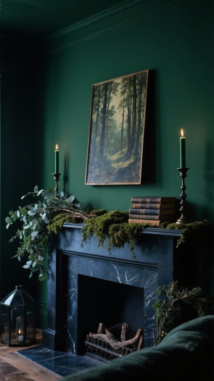 Photorealistic medium shot with moody forest vibes: deep green-painted wall, mantel layered with cedar and seeded eucalyptus, a touch of faux moss along the top. Blackened bronze taper holders with charcoal and forest-green candles lit for low glow. A vintage oil painting leaning as the focal point, small stack of antique books in dark tones. Palette: deep greens, inky blues, blackened bronze, smoked glass accents; dramatic, dim evening lighting.
