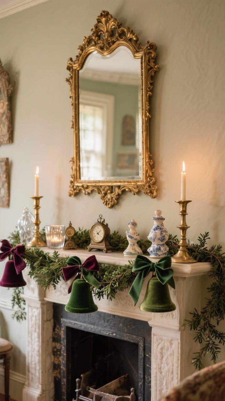 Photorealistic medium shot with vintage storybook charm: ornate gilded mirror as backdrop, draping garland of boxwood or myrtle across the mantel. Brass candlesticks and mercury glass votives lit, ribbon-tied bells in velvet wine and forest green. Add tiny antique clocks and a couple of porcelain figurines. Warm, nostalgic glow, subtle patina and layered textures.