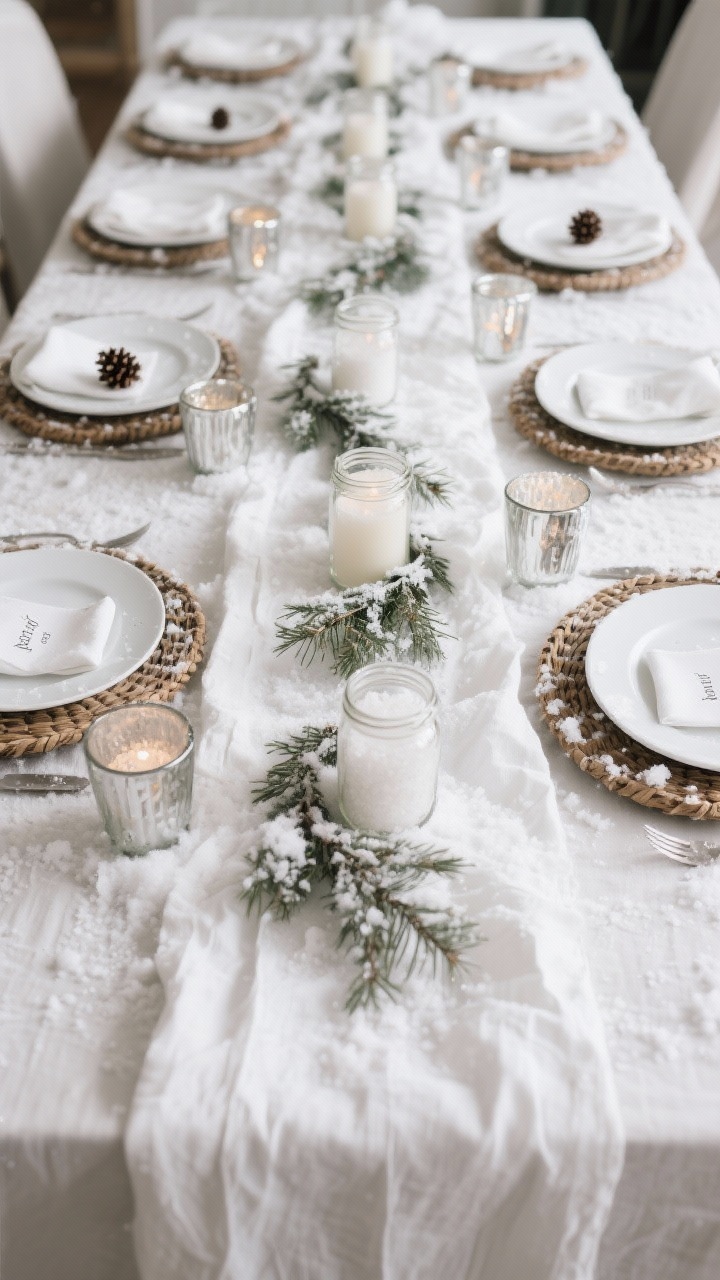 Photorealistic overhead detail of a snow-dusted tablescape: raw linen or gauzy white runner (naturally crinkled), a line of snowy Epsom-salt candle jars down the center with a light sprinkle of faux snow, short cedar sprigs tucked along the runner, place settings with white plates on woven chargers, napkins holding a mini pinecone or name card, and a few mercury glass votives for shimmer; calm, wintry, dinner-friendly height