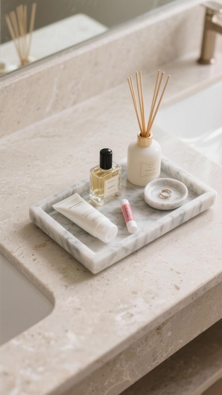 Photorealistic overhead detail shot of a curated tray of small luxuries on a bathroom counter: a marble tray holding hand cream, lip balm, a face mist, a small perfume bottle, a reed diffuser (tall), lotion (medium), and a small ring dish (small); balanced composition, neutral stone countertop, calm spa styling.