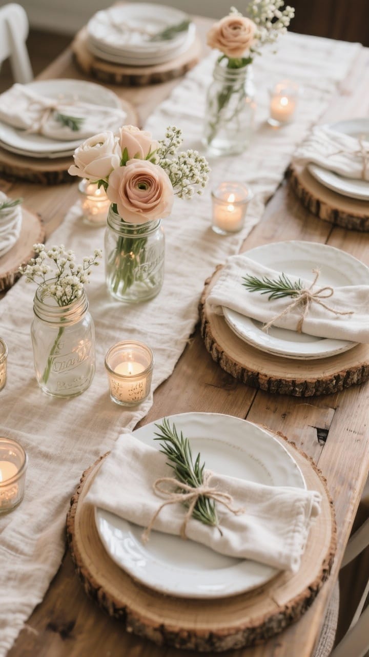 Photorealistic overhead detail shot of a farmhouse Valentine tablescape: oatmeal linen table runner, white stoneware plates stacked on round wood slice chargers, linen napkins tied with twine and tucked with a sprig of rosemary, mason jars as simple vases holding muted ranunculus/roses/waxflower, and tea lights in vintage jelly jars scattered for warm sparkle; muted, natural palette, relaxed romance, no glitter, no people.