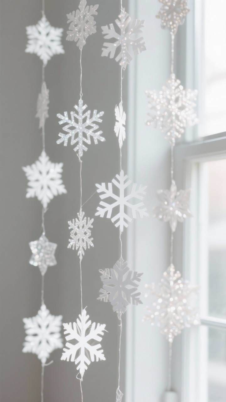 Photorealistic straight-on medium shot of a refined paper snowflake garland: crisp white and pearlized cardstock flakes mixed with a few translucent vellum flakes, cut in Scandinavian geometric patterns, iron-flat sharp edges; threaded on invisible nylon into vertical strands draped across a sunlit window, soft floating movement, minimal background, cool daylight highlighting clean lines and layered transparency
