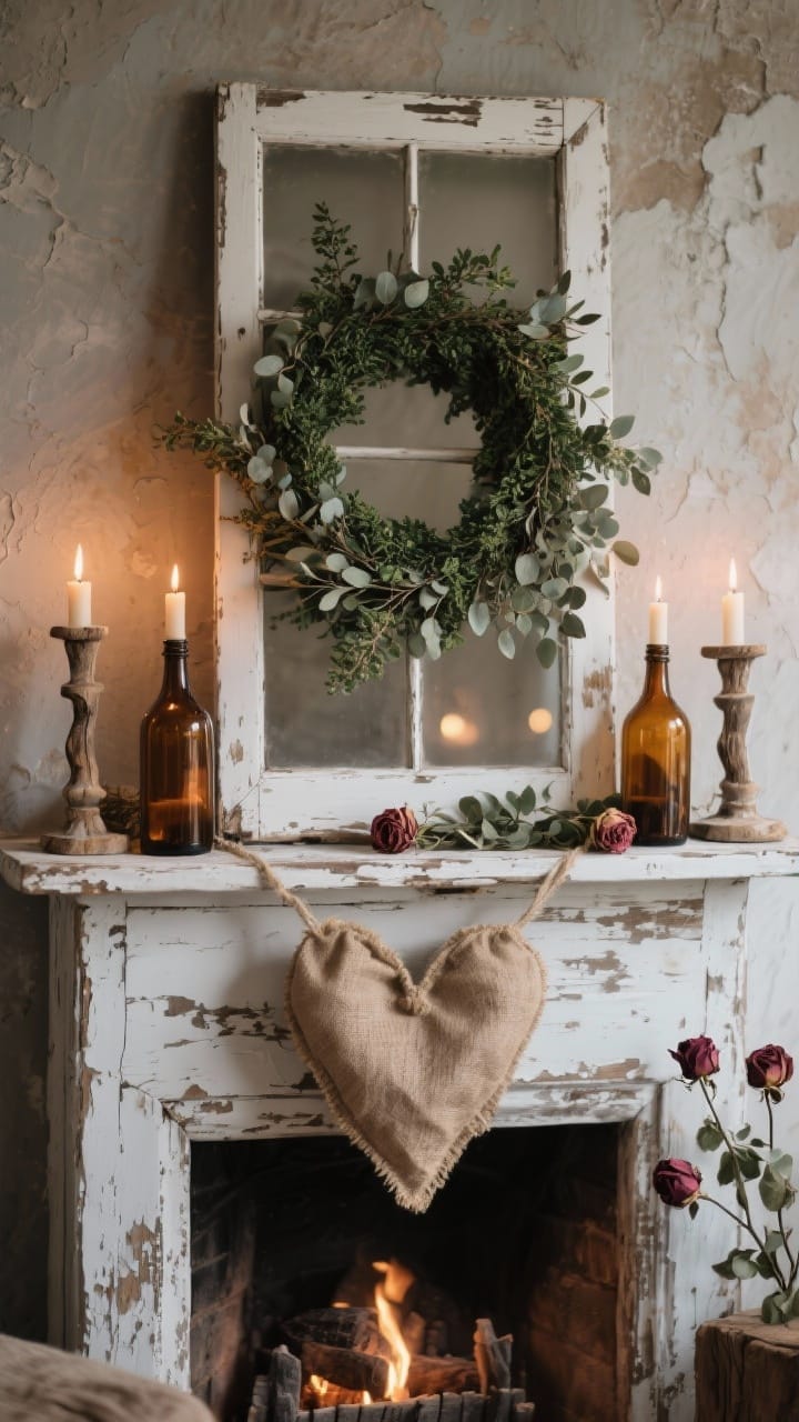 Photorealistic straight-on medium shot of a rustic fireplace mantel vignette: a chippy white vintage window frame as the anchor, a trailing boxwood garland intertwined with eucalyptus sprigs, a burlap/linen heart garland draped across the front, clusters of three weathered wood candlesticks and three amber glass bottles holding a few dried roses; aged plaster wall backdrop, moody warm ambient lighting with candle glow, cozy collected farmhouse feel, no people.