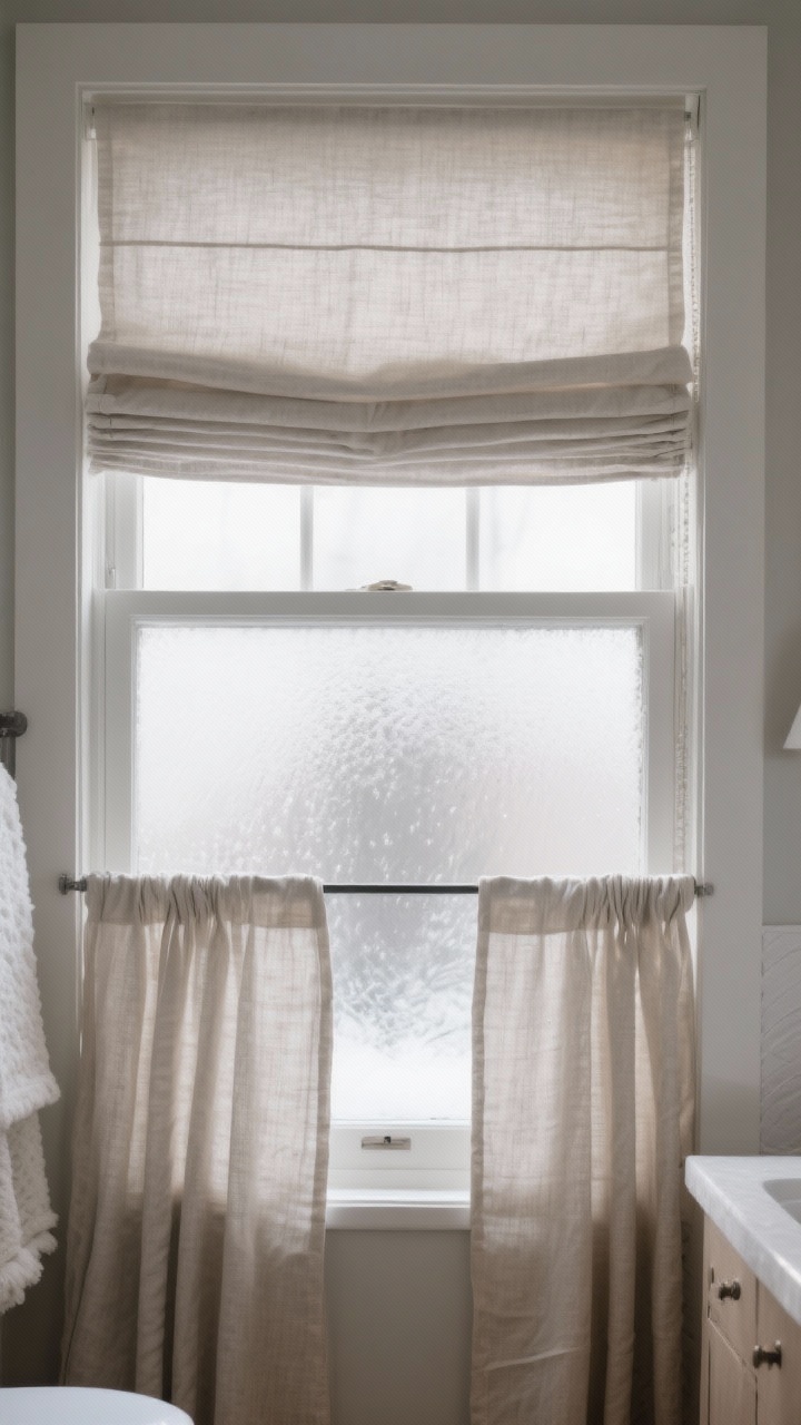 Photorealistic straight-on shot of bathroom windows dressed for winter: linen or faux-linen Roman shades filtering light, café curtains covering the lower half for privacy, and a frosted film on the glass where moisture is highest; soft, diffused daylight, cozy layered textiles that hold heat.